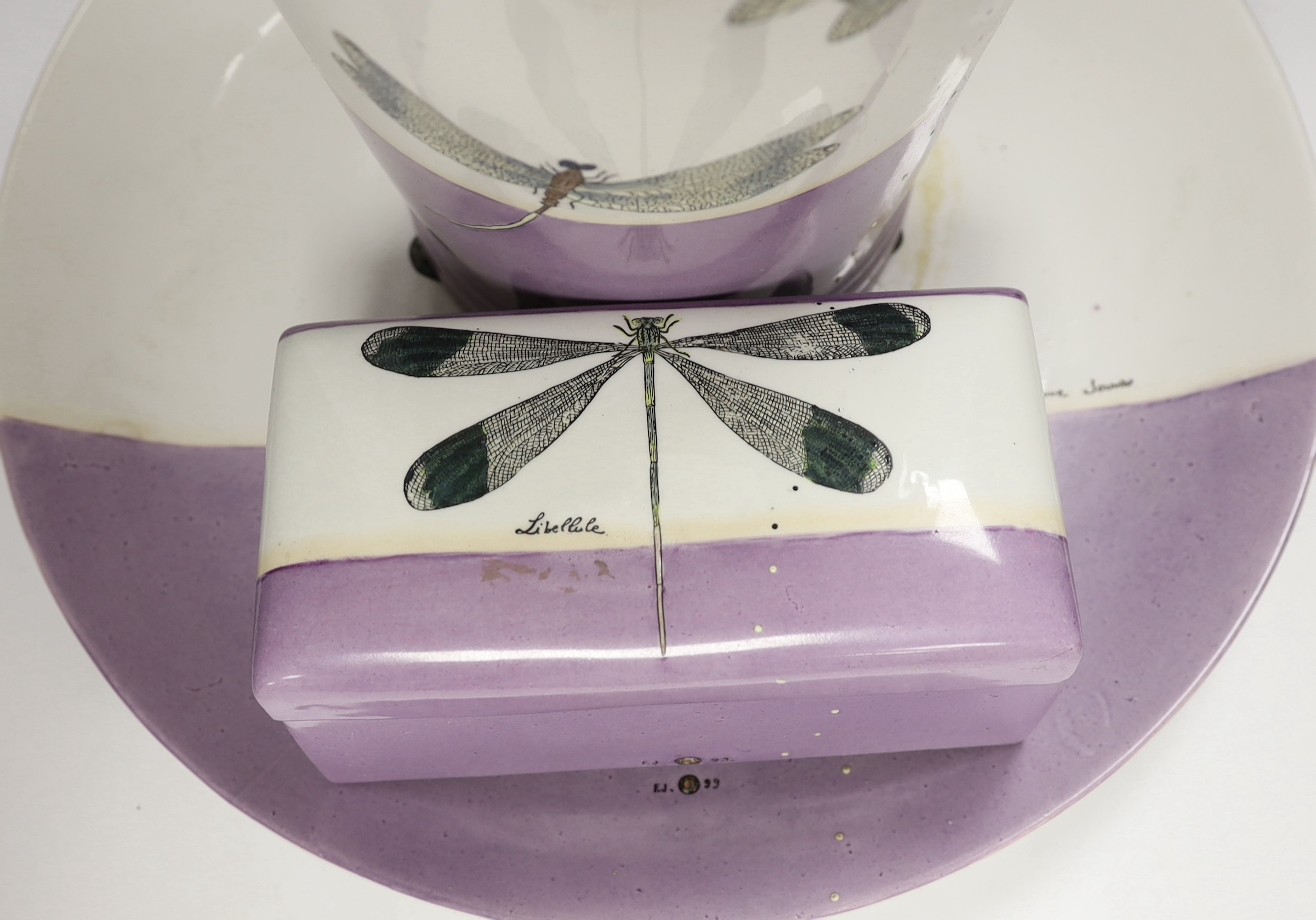 A signed Fabienne Jouvier Dragonfly pattern vase, dish and box, marked “Libellule”, 93, vase 41.5cm high